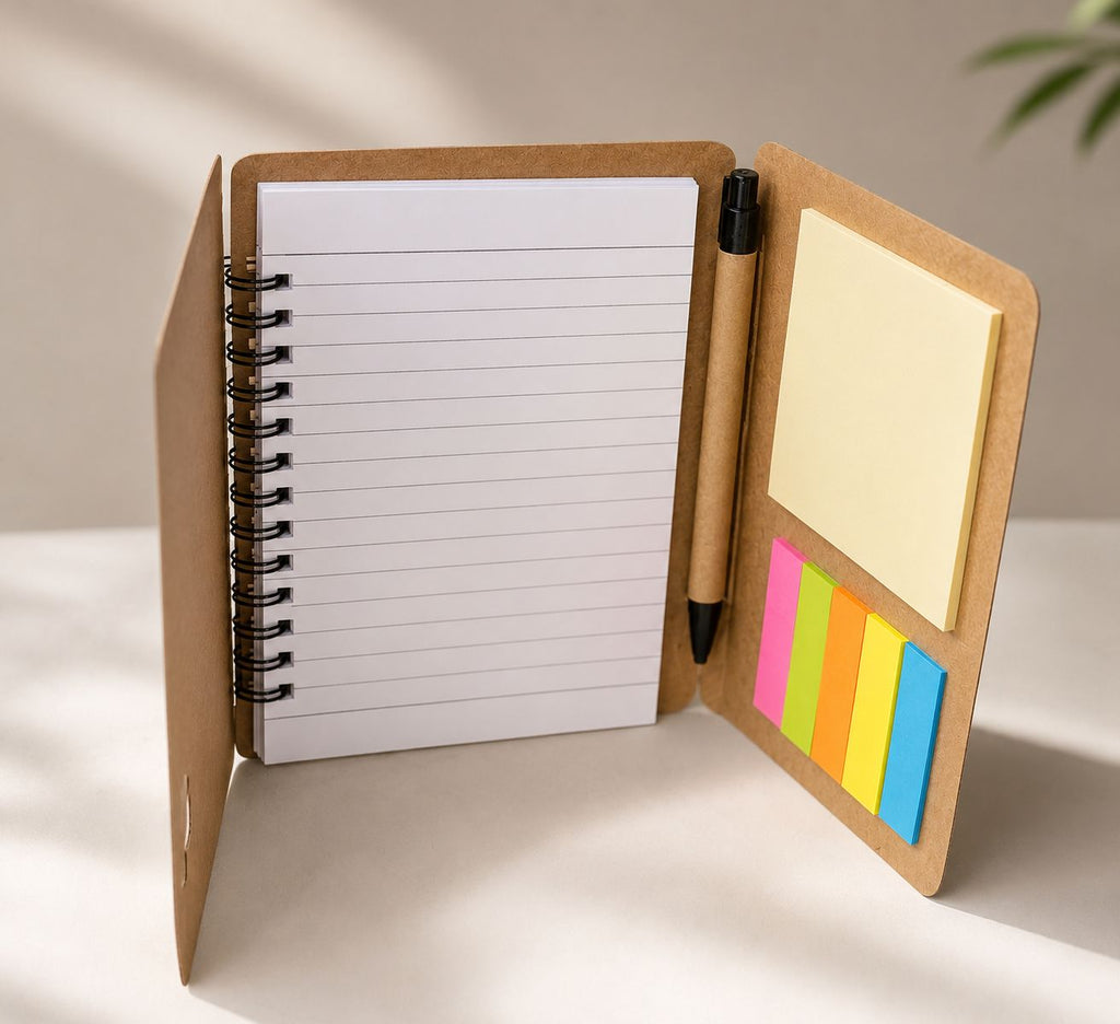 Compact notebook with sticky notes and pen