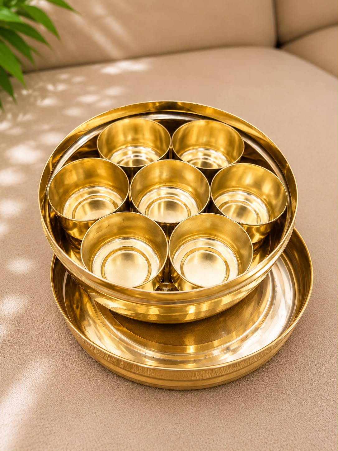 Brass Mini Masala Box open with seven bowls, corporate gift by Veloura Gifting