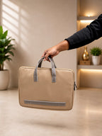 Beige Nylon Laptop Bag being carried, corporate gift by Veloura Gifting
