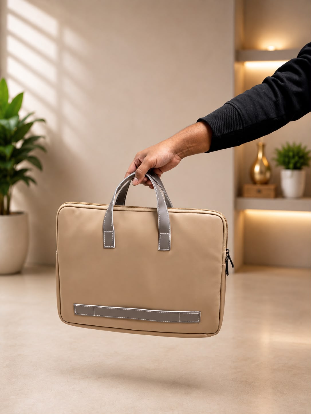 Beige Nylon Laptop Bag being carried, corporate gift by Veloura Gifting