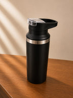 Matte Black Insulated Water Bottle lid open, corporate gift by Veloura Gifting