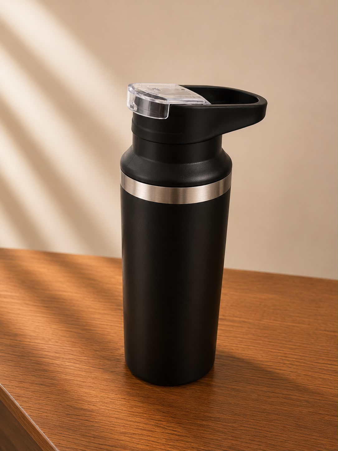 Matte Black Insulated Water Bottle lid open, corporate gift by Veloura Gifting