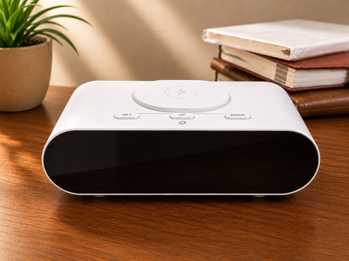 LED Clock with Wireless Charging in use, corporate gift by Veloura Gifting