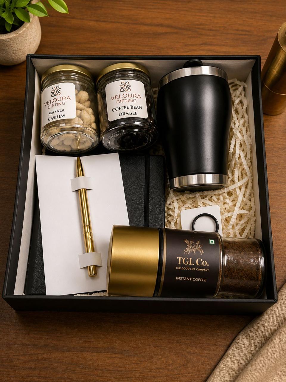 The Refined Indulgence Hamper contents, corporate gift by Veloura Gifting