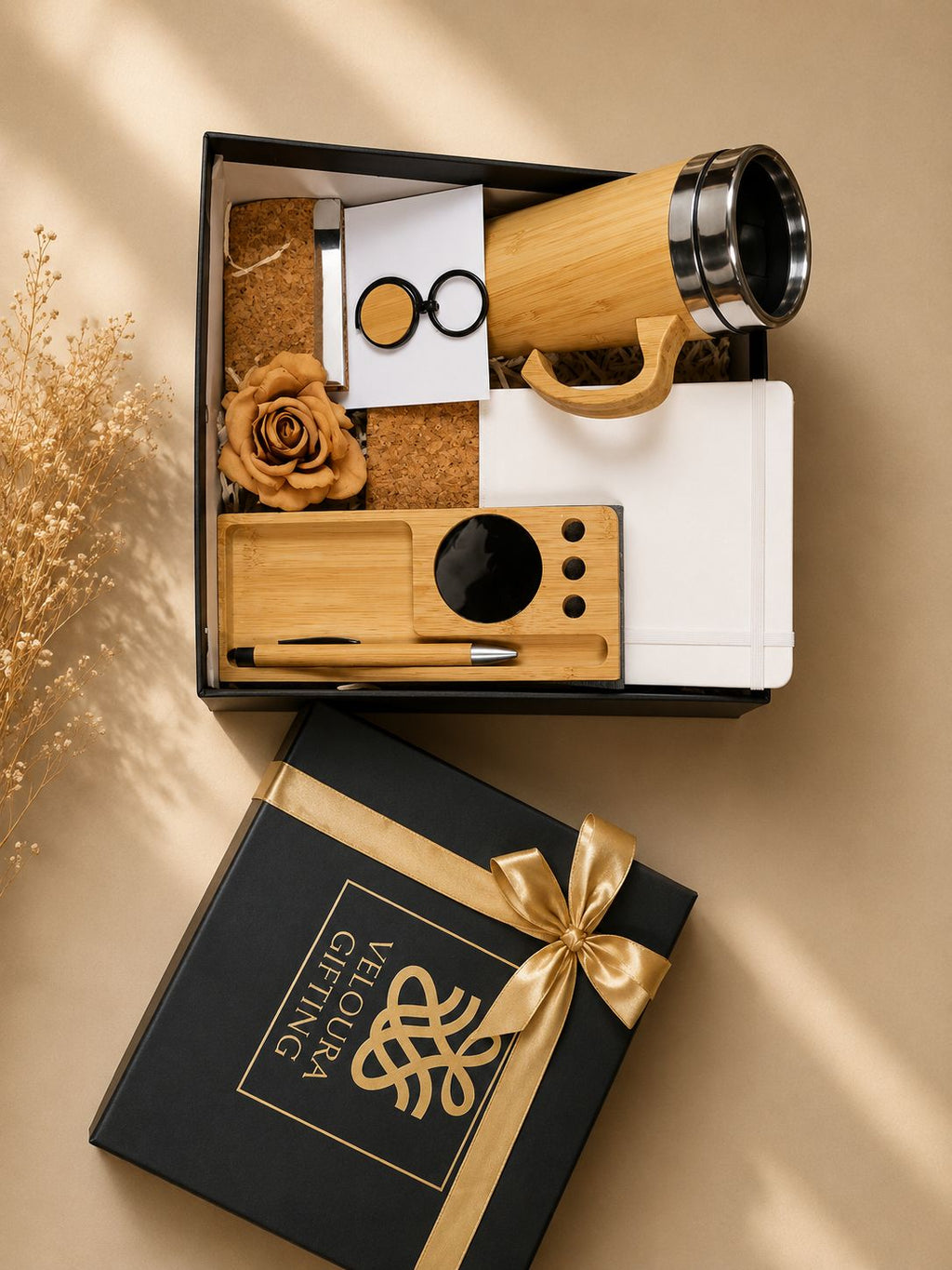 The Rooted Elegance Hamper packaging, corporate gift by Veloura Gifting