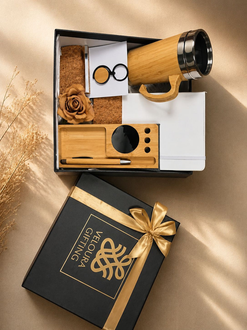The Rooted Elegance Hamper contents, corporate gift by Veloura Gifting