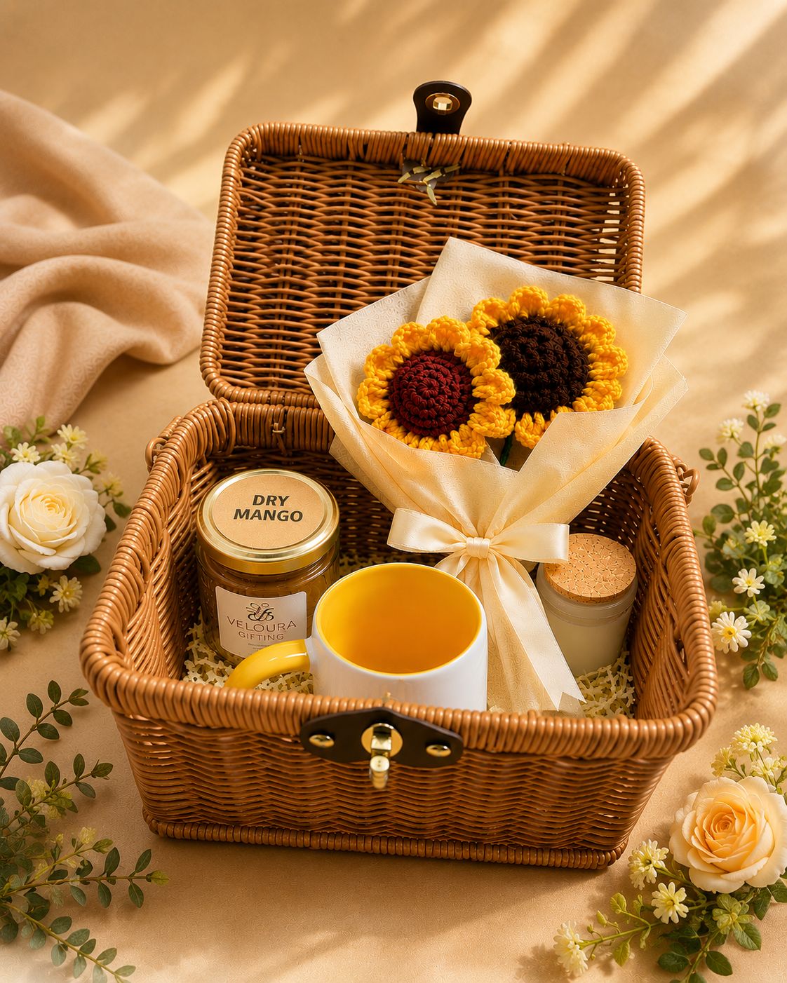 The Golden Bloom Hamper contents, corporate gift by Veloura Gifting