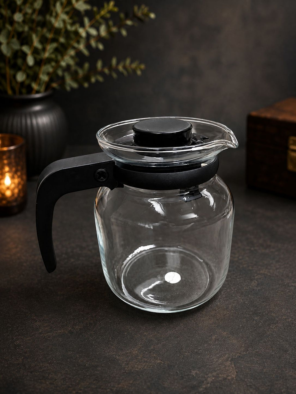 Carafe with filter lid on table, glass carafe by Veloura Gifting