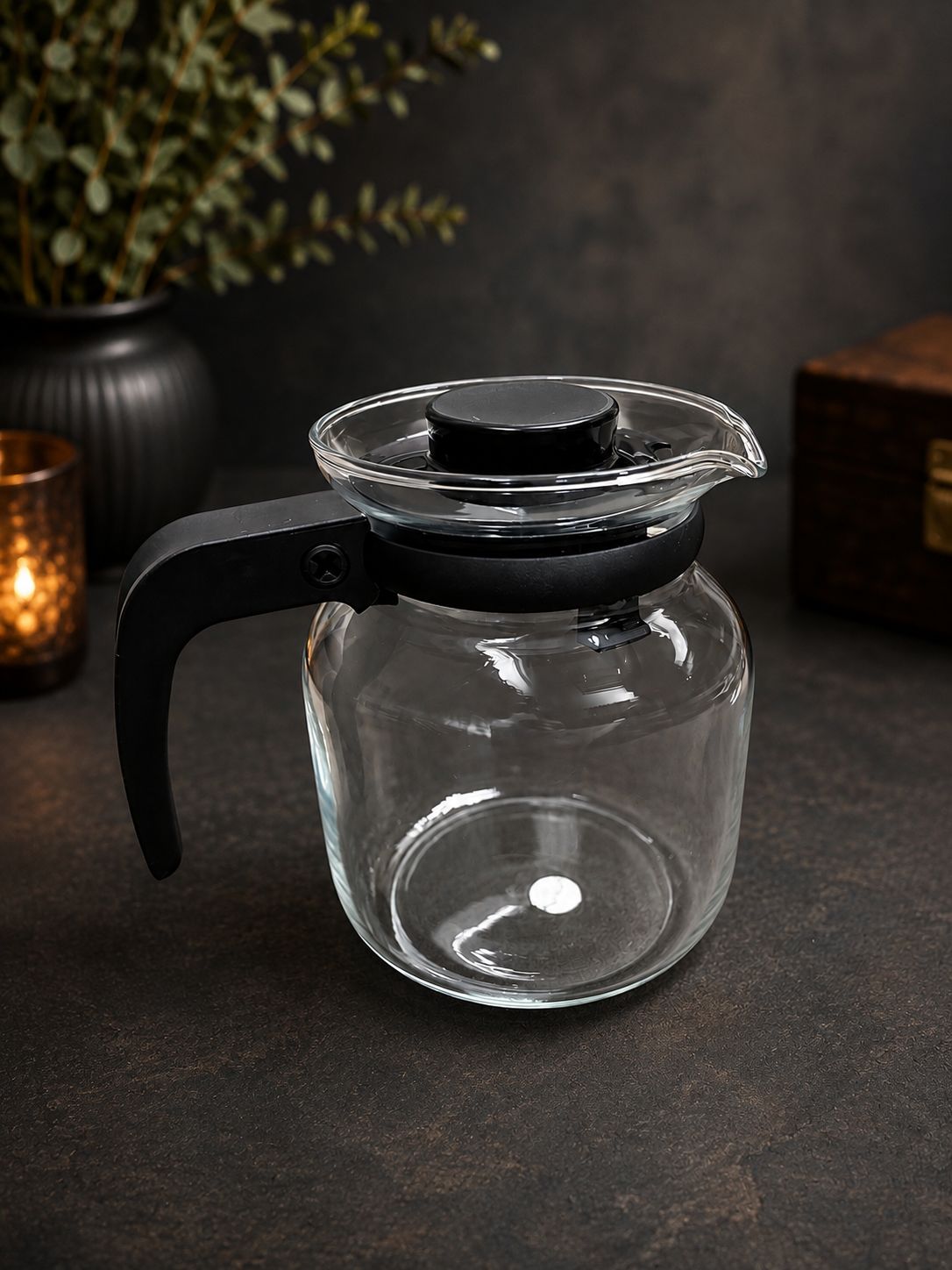 Carafe with filter lid on table, glass carafe by Veloura Gifting