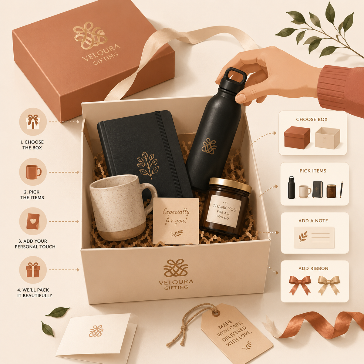 Build your own Veloura gift box: choose box, pick items, add a note, add ribbon