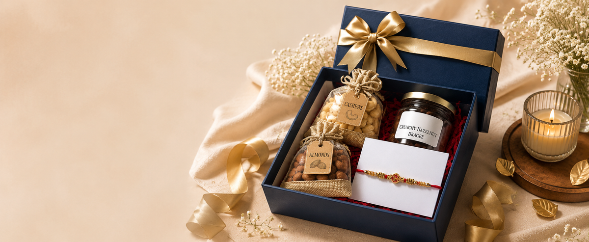 Festive gift hamper with cashews, almonds, and hazelnut dragees