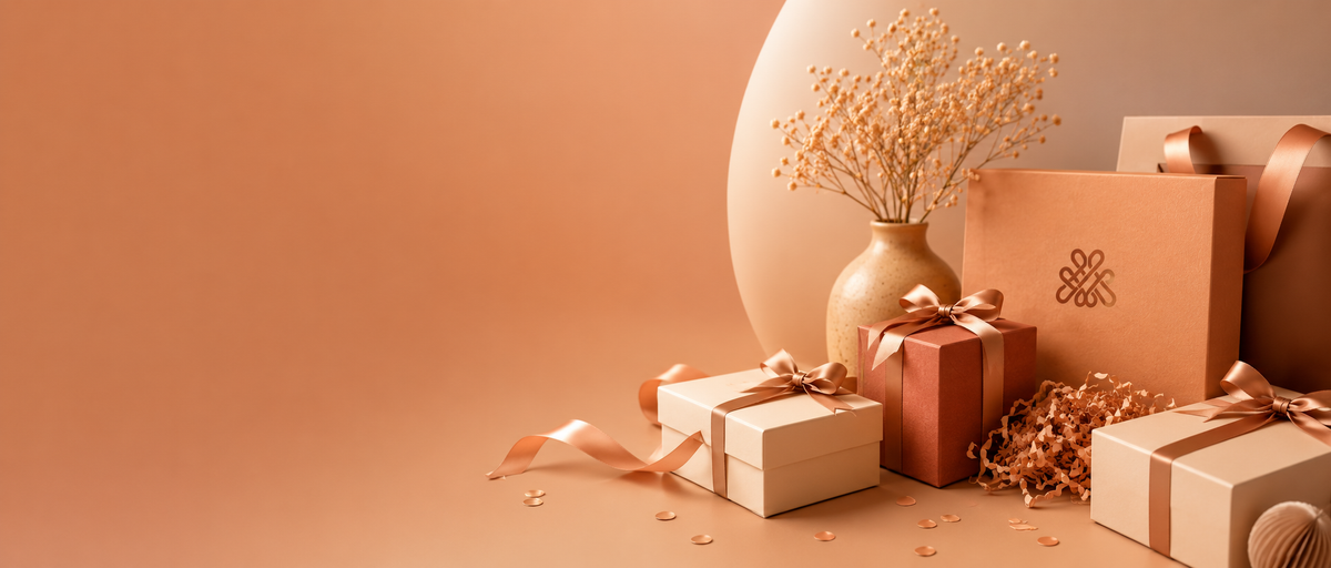 Veloura Gifting wrapped gift boxes and dried flowers on a warm gradient background