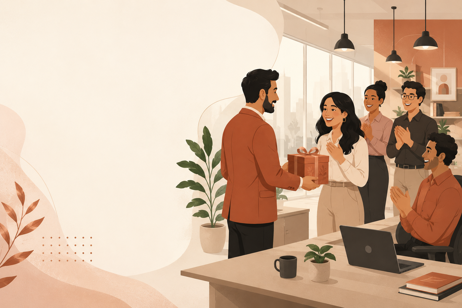 Colleague presenting a wrapped corporate gift to a smiling teammate as others applaud in a bright office