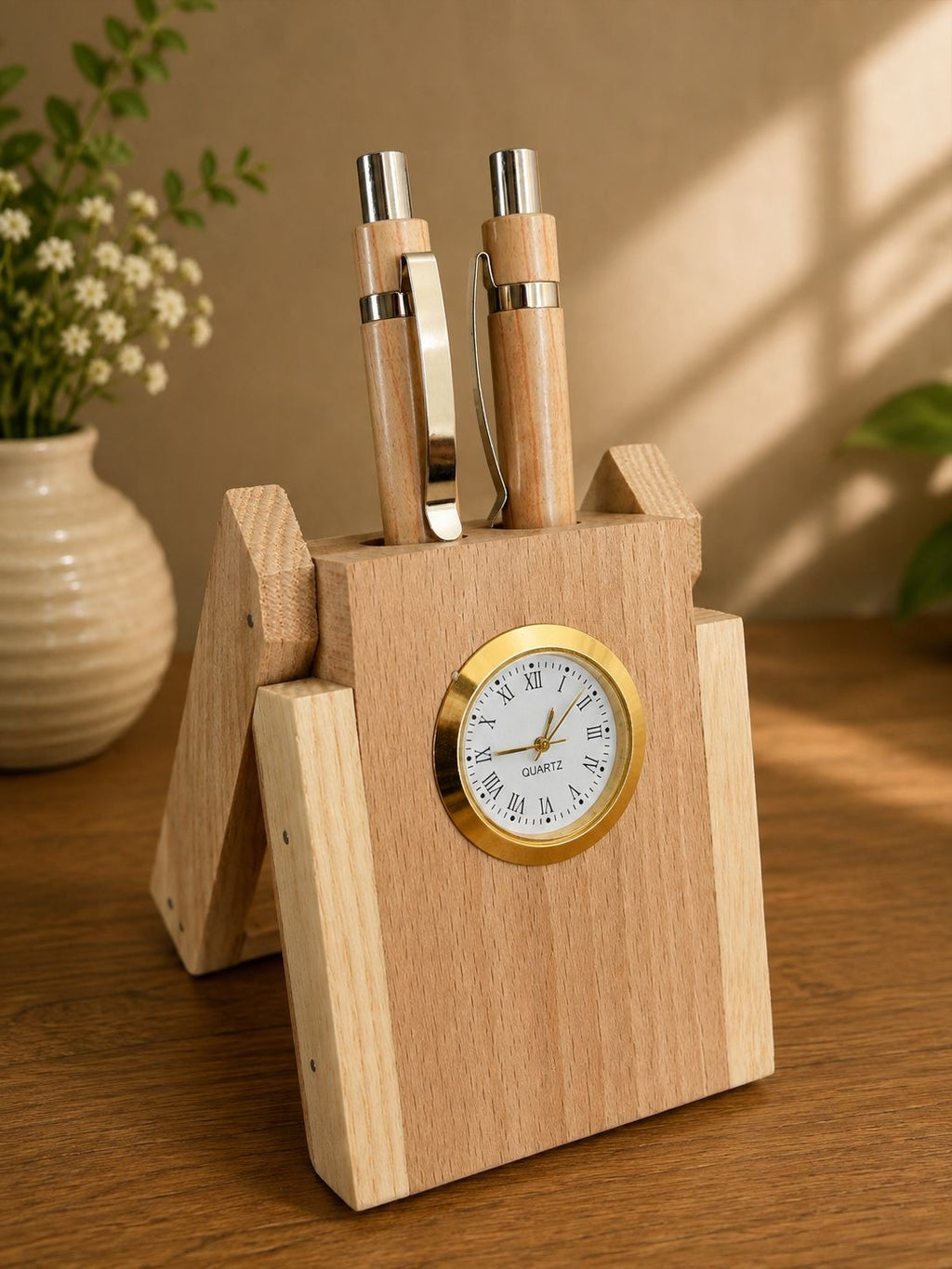 Wooden Pen Stand with Clock